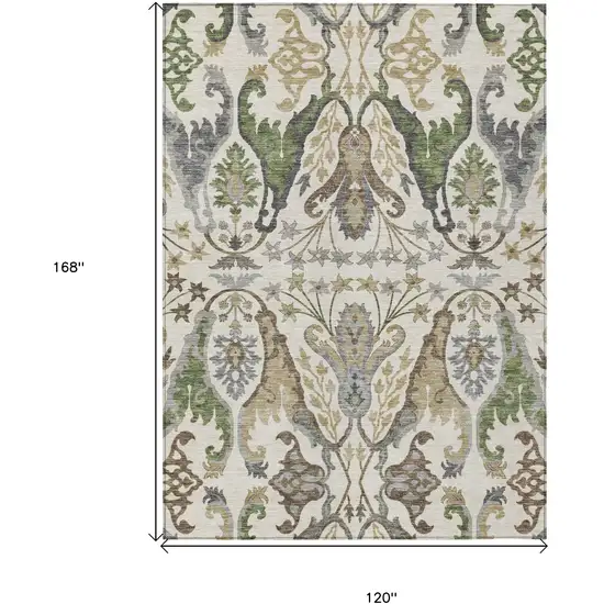 Ivory Green And Brown Floral Washable Indoor Outdoor Area Rug Photo 8