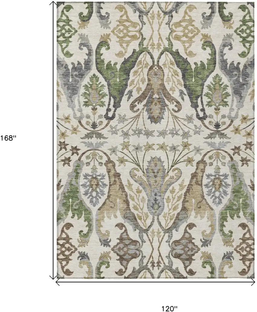 Ivory Green And Brown Floral Washable Indoor Outdoor Area Rug Photo 8