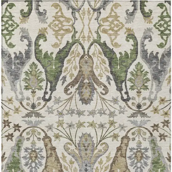 Ivory Green And Brown Floral Washable Indoor Outdoor Area Rug Photo 7
