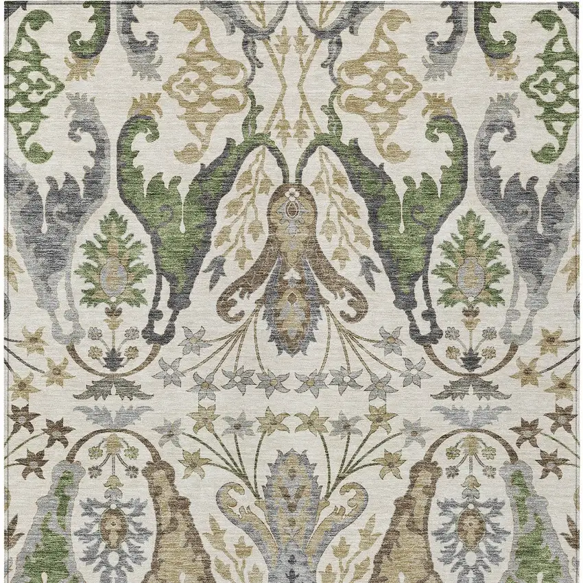 Ivory Green And Brown Floral Washable Indoor Outdoor Area Rug Photo 7