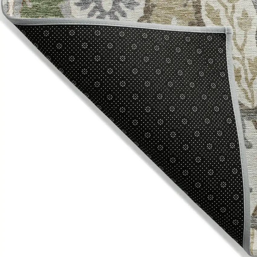 Ivory Green And Brown Floral Washable Indoor Outdoor Area Rug Photo 3