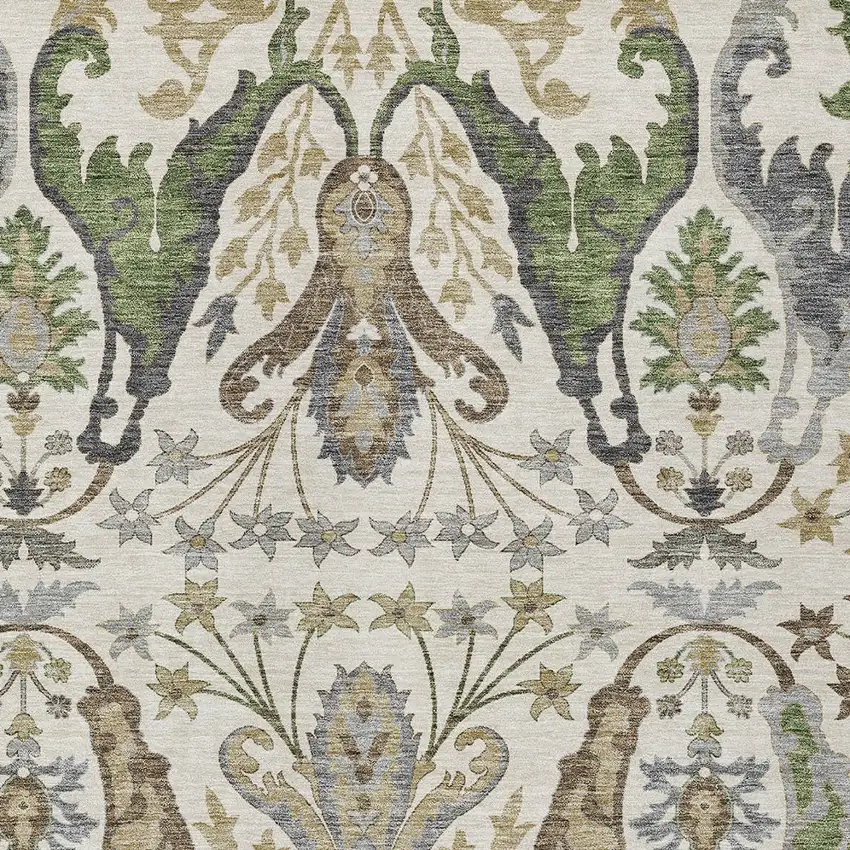 Ivory Green And Brown Floral Washable Indoor Outdoor Area Rug Photo 5