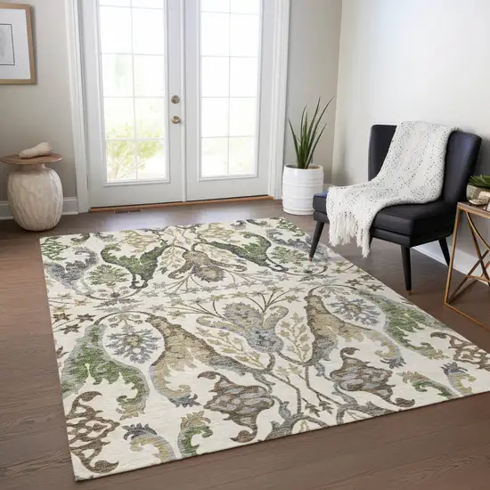Ivory Green And Brown Floral Washable Indoor Outdoor Area Rug Photo 9