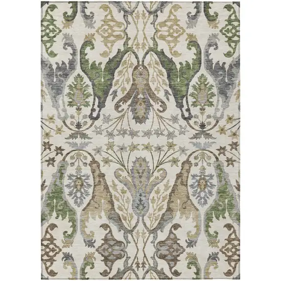 Ivory Green And Brown Floral Washable Indoor Outdoor Area Rug Photo 2