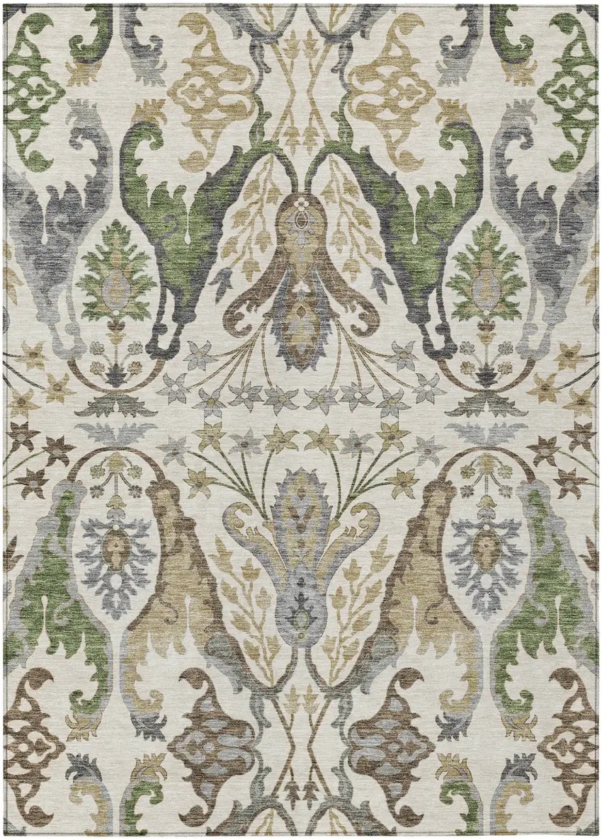 Ivory Green And Brown Floral Washable Indoor Outdoor Area Rug Photo 2