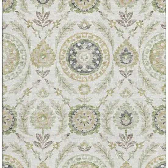 Ivory Green And Gold Floral Washable Area Rug With UV Protection Photo 4