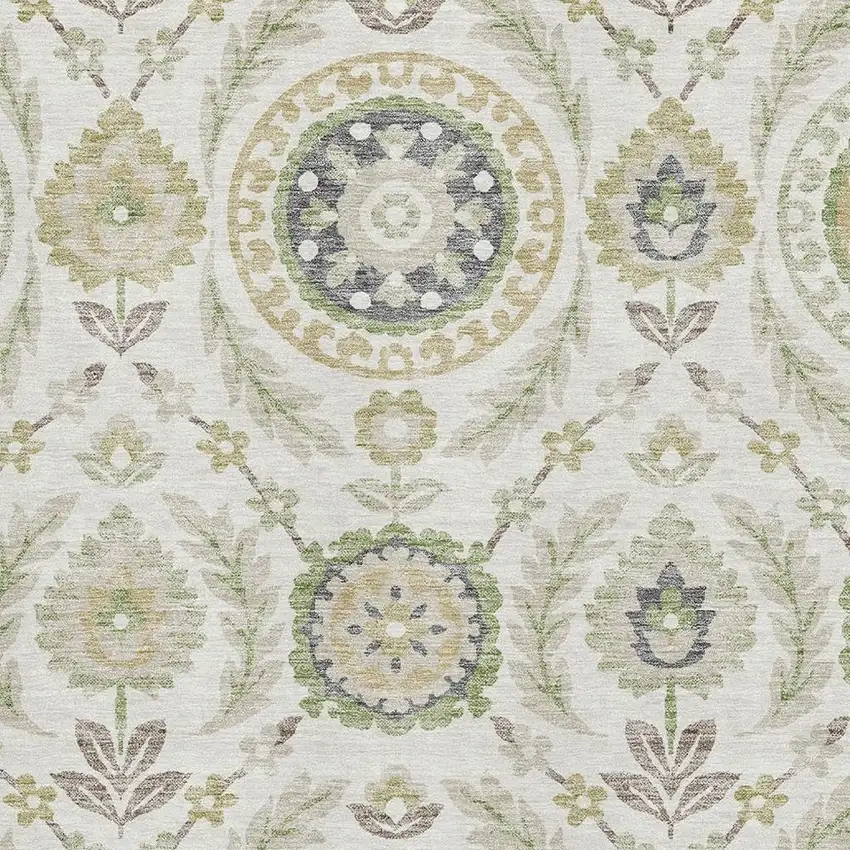 Ivory Green And Gold Floral Washable Area Rug With UV Protection Photo 3