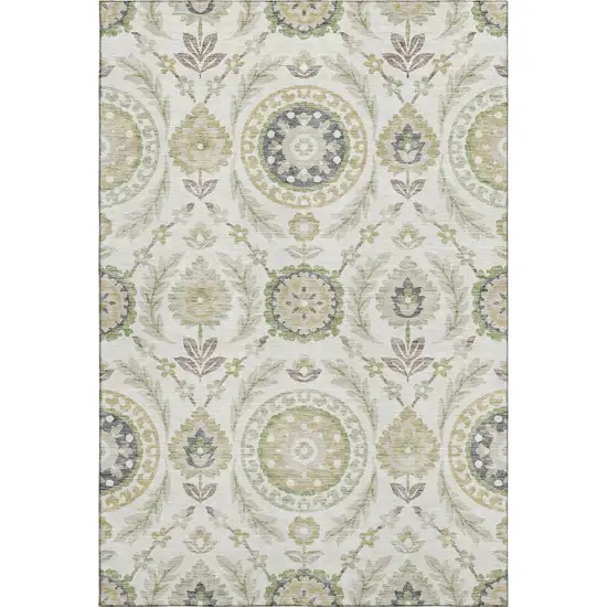 Ivory Green And Gold Floral Washable Area Rug With UV Protection Photo 1