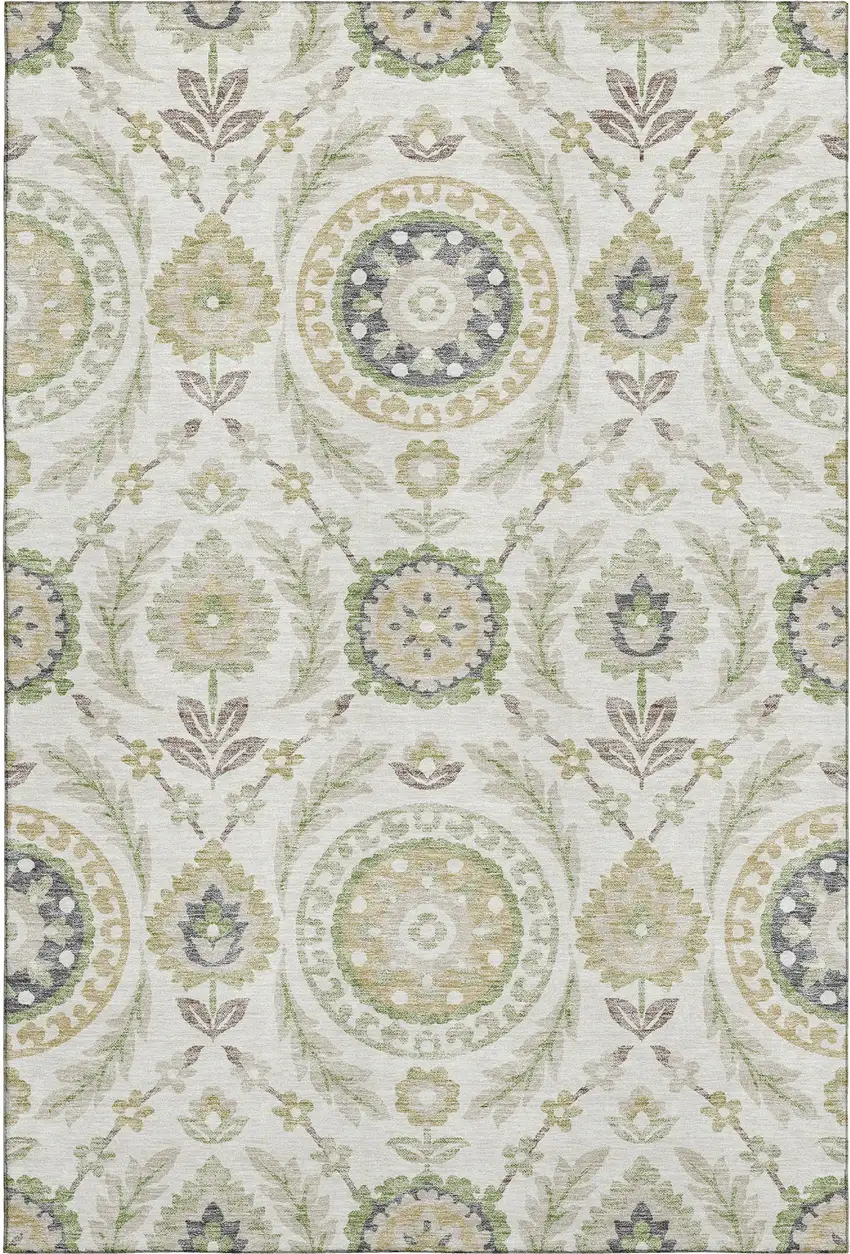Ivory Green And Gold Floral Washable Area Rug With UV Protection Photo 1