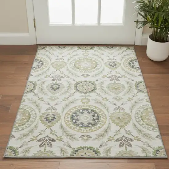 Ivory Green And Gold Floral Washable Area Rug With UV Protection Photo 2