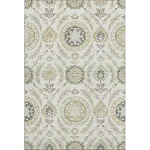 Photo of Ivory Green And Gold Floral Washable Area Rug With UV Protection