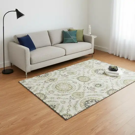 Ivory Green And Gold Floral Washable Area Rug With UV Protection Photo 2