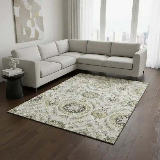 Ivory Green And Gold Floral Washable Area Rug With UV Protection Photo 2