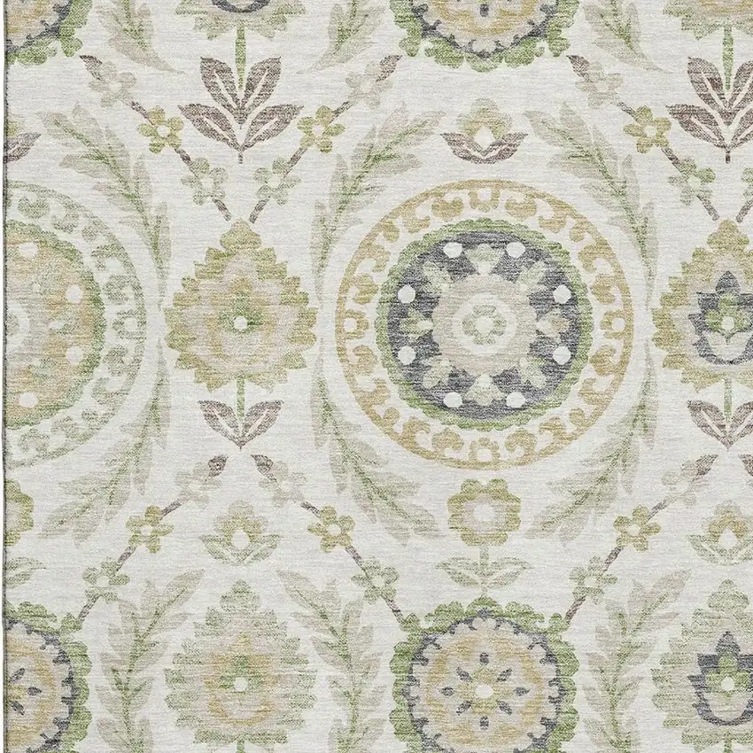 Ivory Green And Gold Floral Washable Area Rug With UV Protection Photo 3
