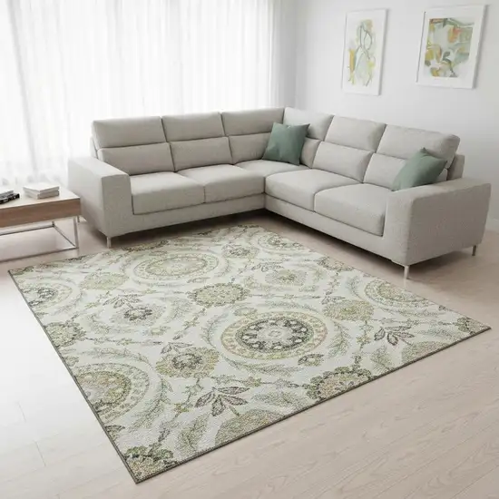 Ivory Green And Gold Floral Washable Area Rug With UV Protection Photo 2
