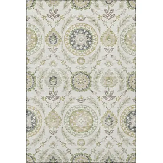 Ivory Green And Gold Floral Washable Area Rug With UV Protection Photo 4