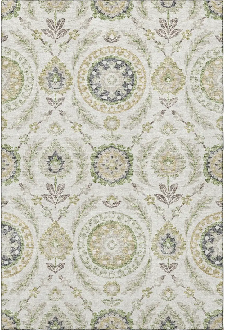 Ivory Green And Gold Floral Washable Area Rug With UV Protection Photo 4