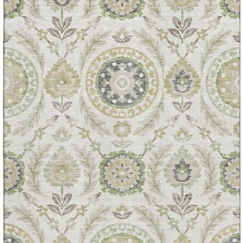 Ivory Green And Gold Floral Washable Area Rug With UV Protection Photo 3