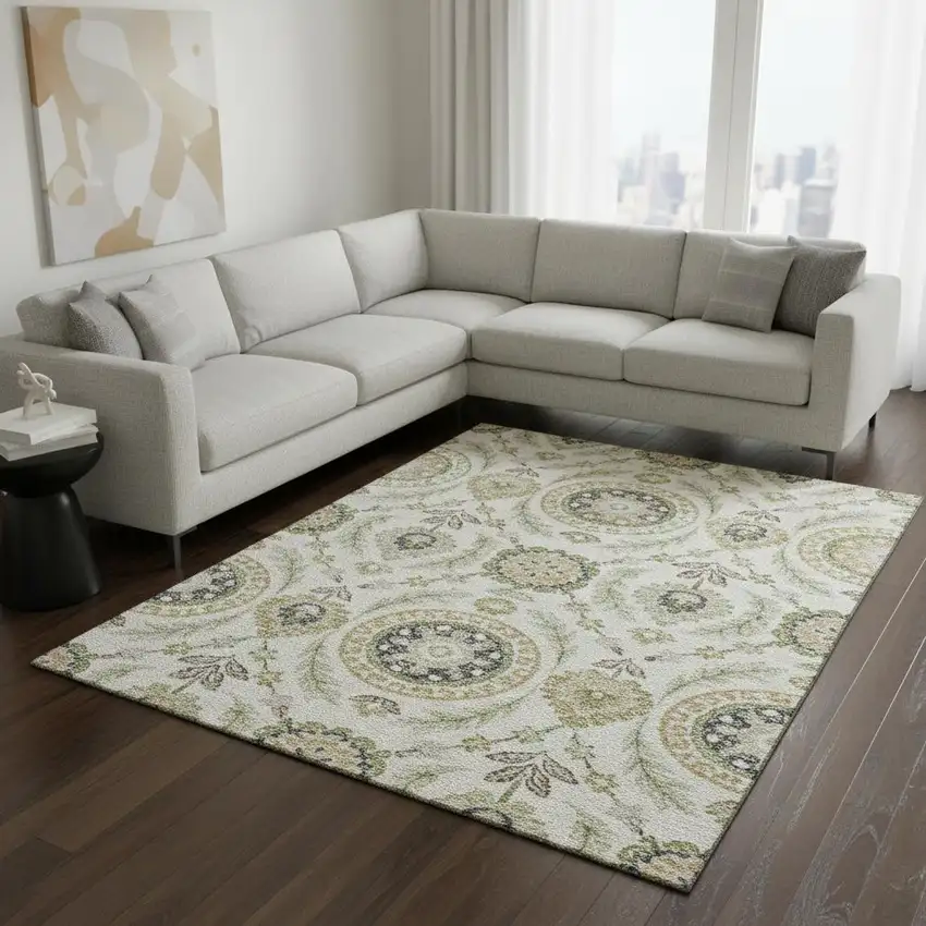 Ivory Green And Gold Floral Washable Area Rug With UV Protection Photo 2