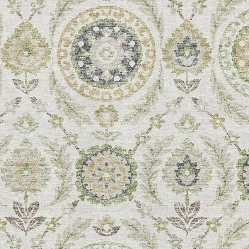 Ivory Green And Gold Floral Washable Area Rug With UV Protection Photo 3