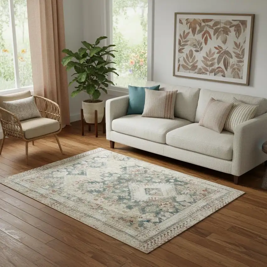 Ivory Green And Orange Oriental Non Skid Area Rug Photo 1