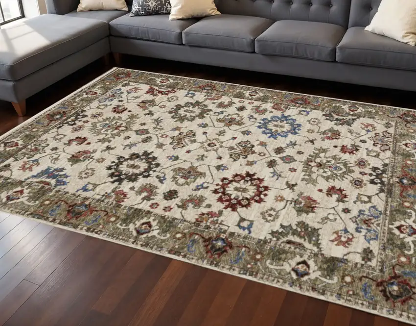 Ivory Green And Red Oriental Area Rug With Fringe Photo 1