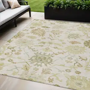 Photo of Ivory Green And Tan Floral Washable Indoor Outdoor Area Rug