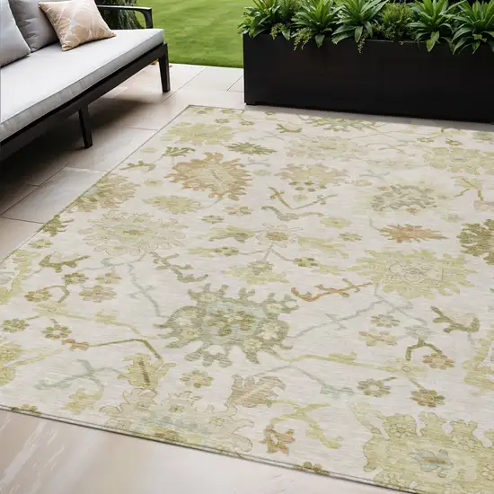 Ivory Green And Tan Floral Washable Indoor Outdoor Area Rug Photo 1