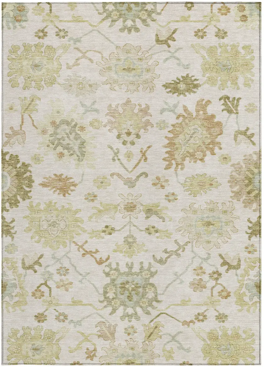 Ivory Green And Tan Floral Washable Indoor Outdoor Area Rug Photo 7