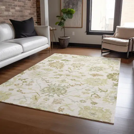 Ivory Green And Tan Floral Washable Indoor Outdoor Area Rug Photo 9