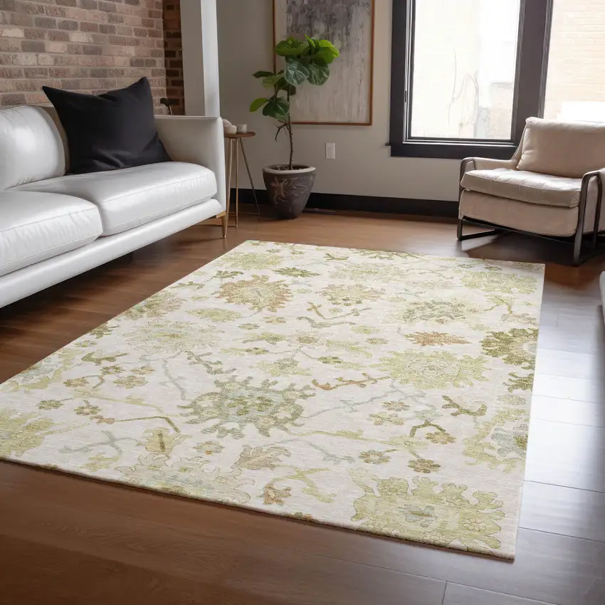 Ivory Green And Tan Floral Washable Indoor Outdoor Area Rug Photo 9