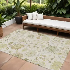 Photo of Ivory Green And Tan Floral Washable Indoor Outdoor Area Rug