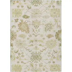 Photo of Ivory Green And Tan Floral Washable Indoor Outdoor Area Rug