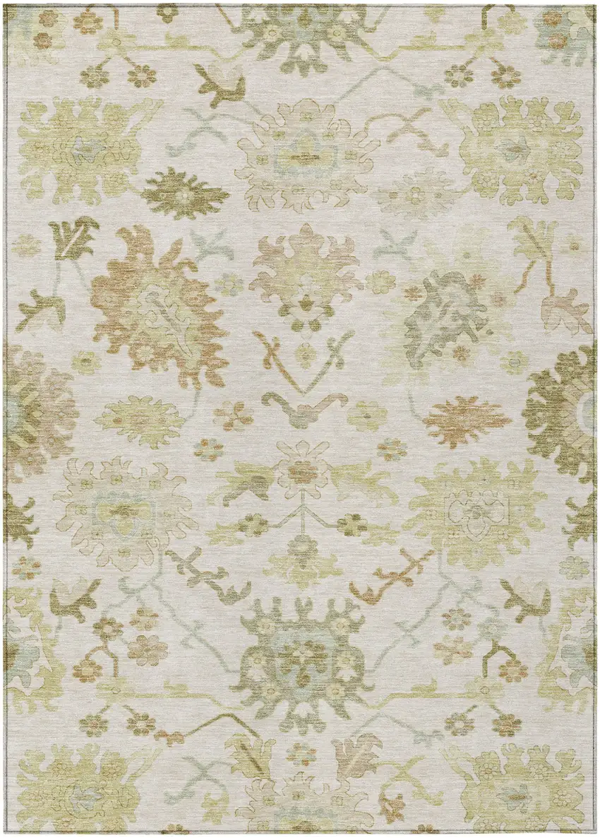 Ivory Green And Tan Floral Washable Indoor Outdoor Area Rug Photo 2