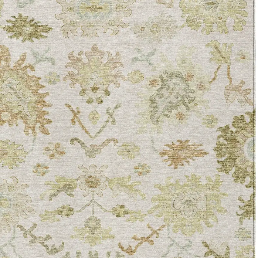 Ivory Green And Tan Floral Washable Indoor Outdoor Area Rug Photo 6