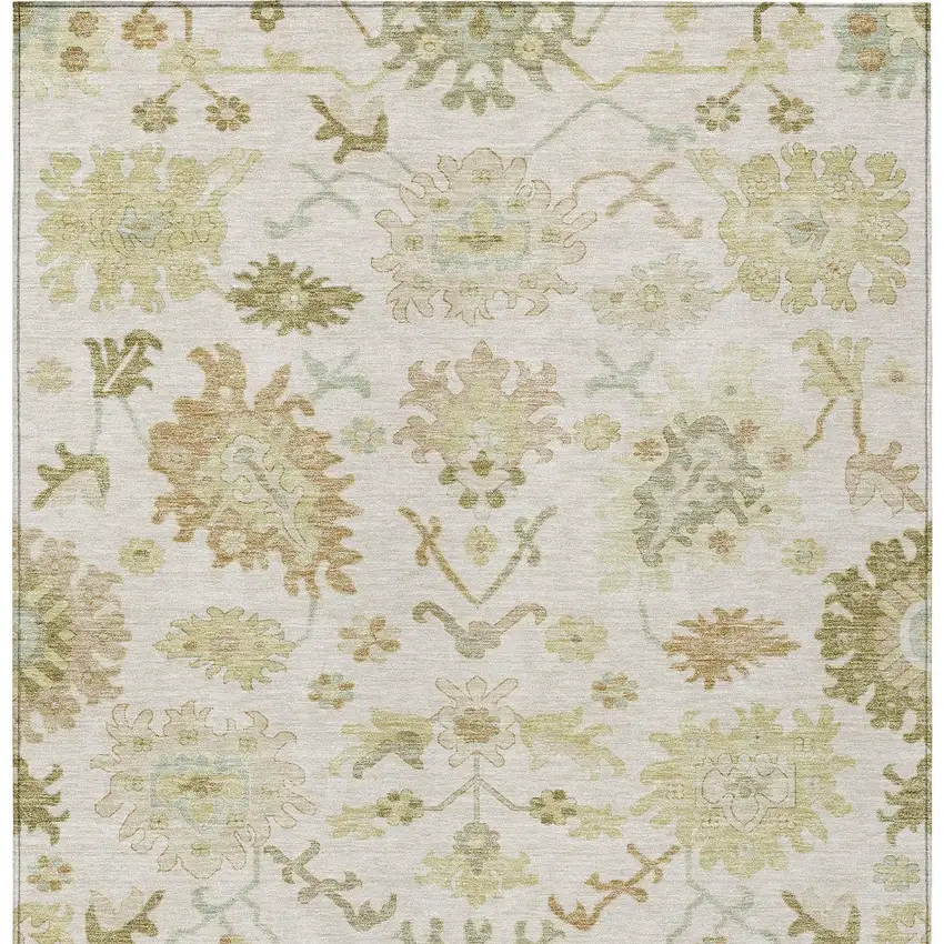 Ivory Green And Tan Floral Washable Indoor Outdoor Area Rug Photo 7