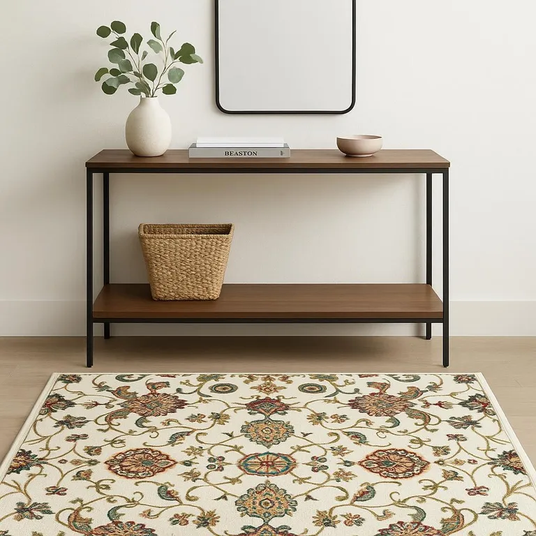 Ivory Green Blue Red Salmon And Yellow Floral Power Loom Stain Resistant Area Rug Photo 4