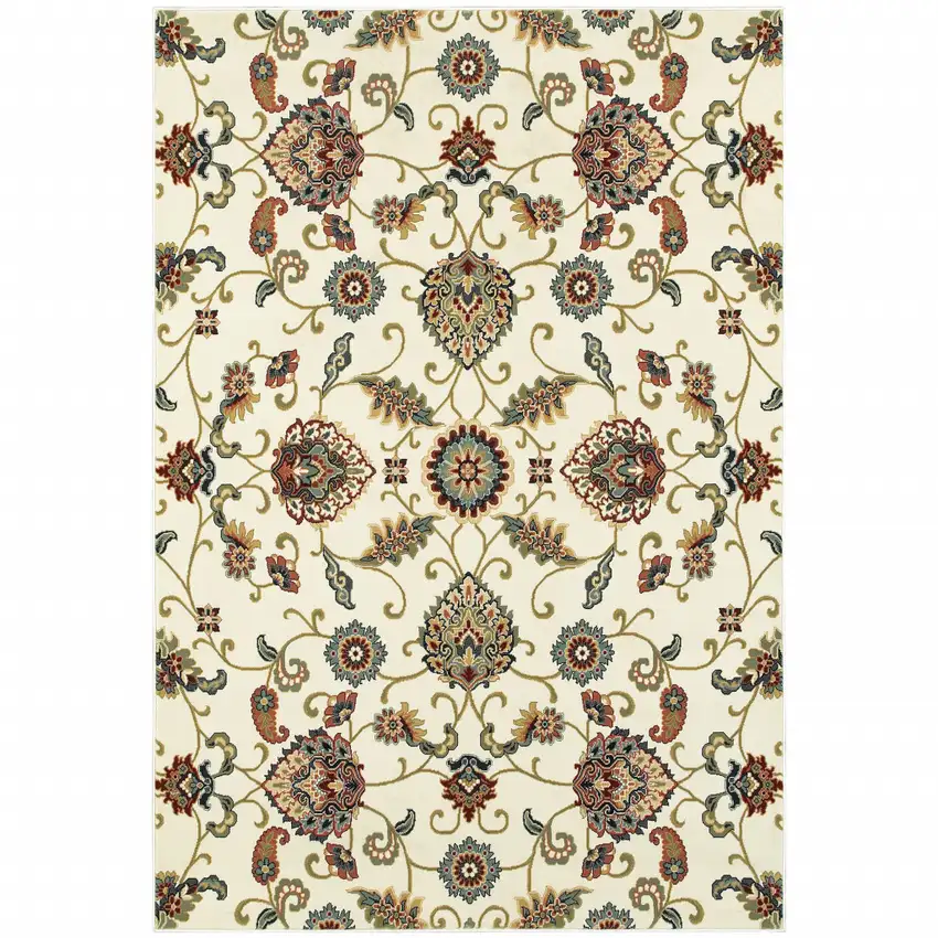 Ivory Green Blue Red Salmon And Yellow Floral Power Loom Stain Resistant Area Rug Photo 1