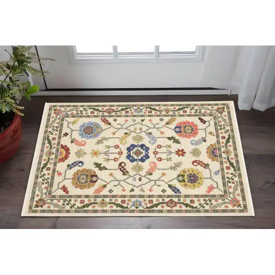 Ivory Green And Red Oriental Area Rug With Fringe Photo 1