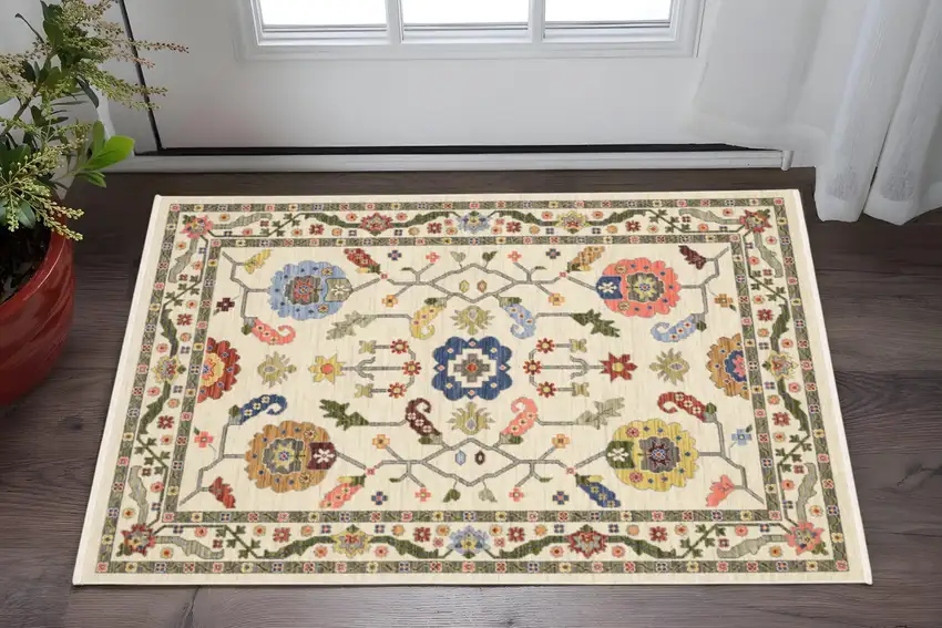 Ivory Green And Red Oriental Area Rug With Fringe Photo 1