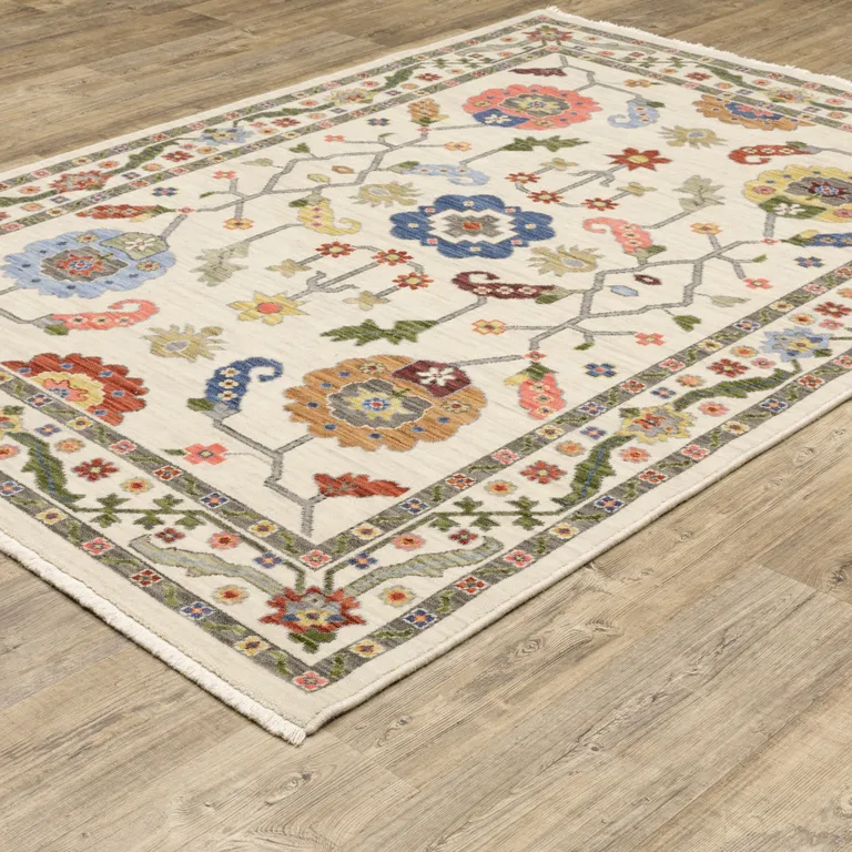 Ivory Green Blues Pink Yellow Rust Brown Tan And Grey Oriental Power Loom Stain Resistant Area Rug With Fringe Photo 5