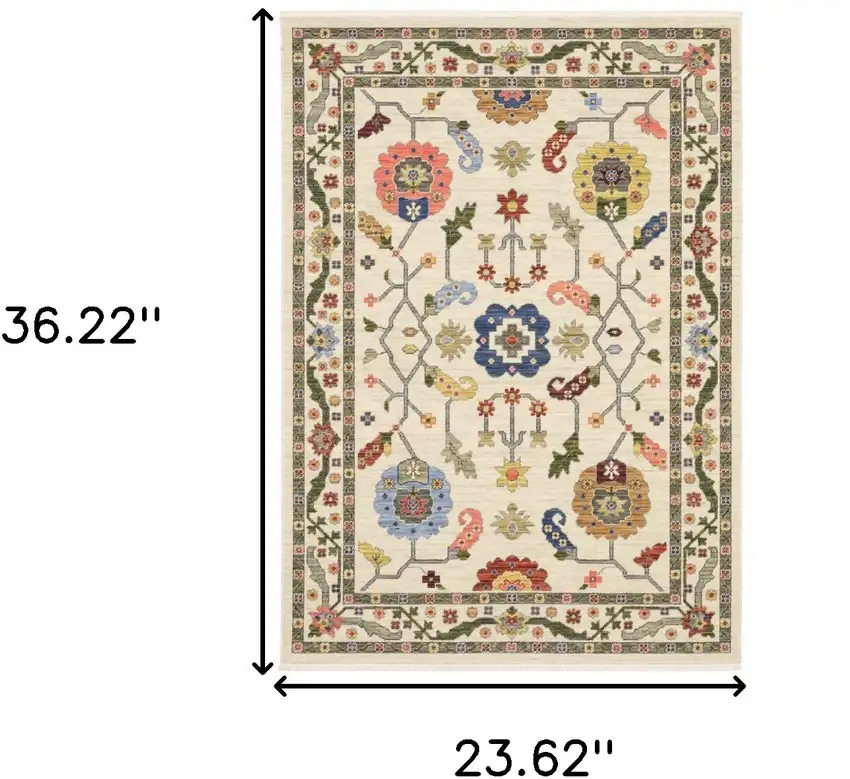 Ivory Green Blues Pink Yellow Rust Brown Tan And Grey Oriental Power Loom Stain Resistant Area Rug With Fringe Photo 9
