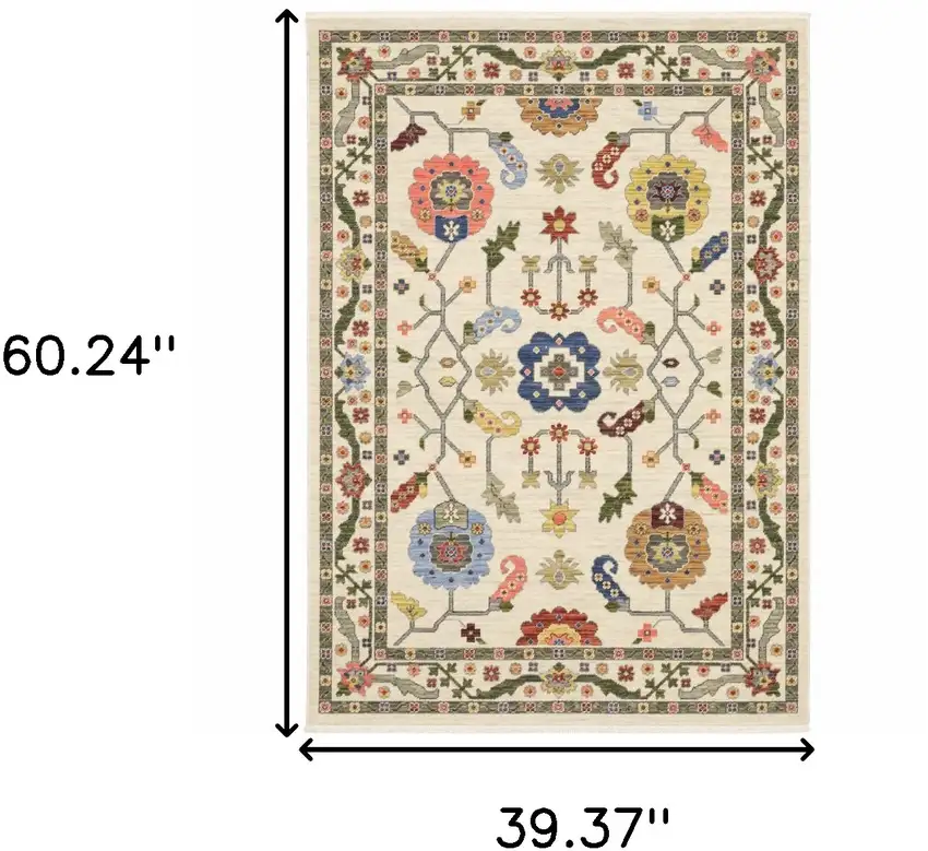 Ivory Green Blues Pink Yellow Rust Brown Tan And Grey Oriental Power Loom Stain Resistant Area Rug With Fringe Photo 9