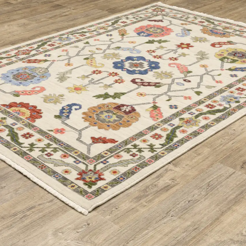 Ivory Green Blues Pink Yellow Rust Brown Tan And Grey Oriental Power Loom Stain Resistant Area Rug With Fringe Photo 6
