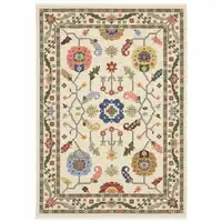 Photo of Ivory Green Blues Pink Yellow Rust Brown Tan And Grey Oriental Power Loom Stain Resistant Area Rug With Fringe
