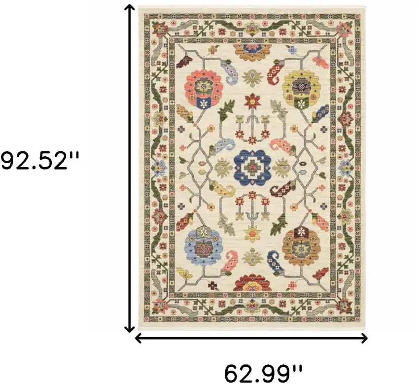 Ivory Green Blues Pink Yellow Rust Brown Tan And Grey Oriental Power Loom Stain Resistant Area Rug With Fringe Photo 9