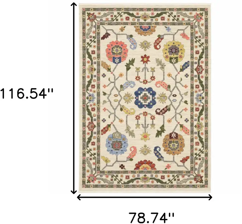 Ivory Green Blues Pink Yellow Rust Brown Tan And Grey Oriental Power Loom Stain Resistant Area Rug With Fringe Photo 9