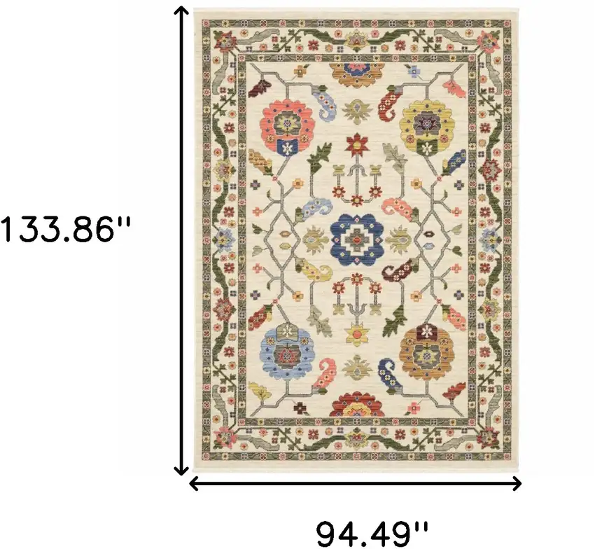 Ivory Green Blues Pink Yellow Rust Brown Tan And Grey Oriental Power Loom Stain Resistant Area Rug With Fringe Photo 9