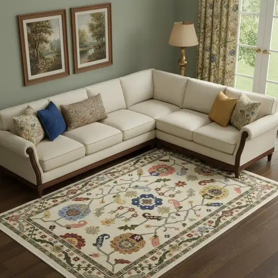 Ivory Green Blues Pink Yellow Rust Brown Tan And Grey Oriental Power Loom Stain Resistant Area Rug With Fringe Photo 1