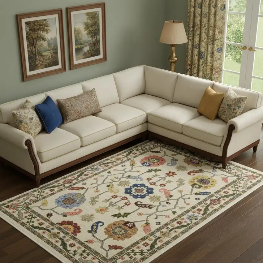 Ivory Green Blues Pink Yellow Rust Brown Tan And Grey Oriental Power Loom Stain Resistant Area Rug With Fringe Photo 1